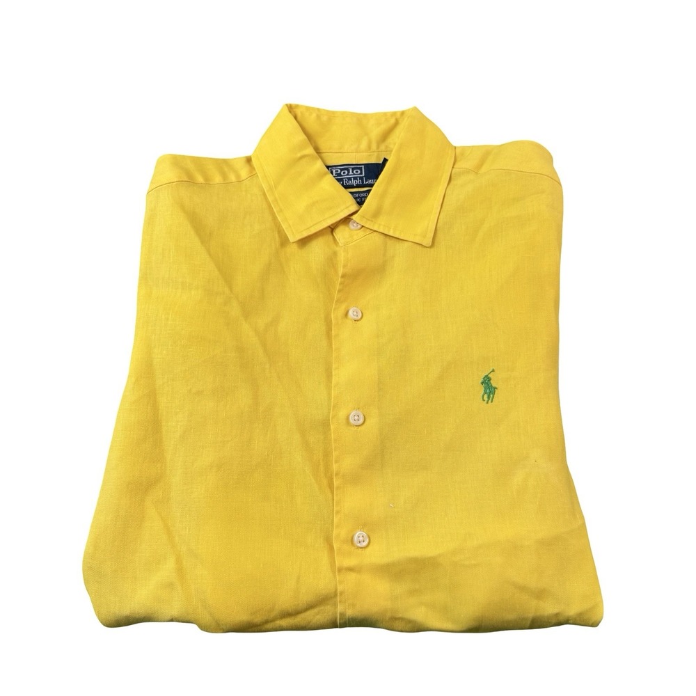Polo Ralph Lauren Bradford Yellow Linen Shirt Green Pony VTG Men S